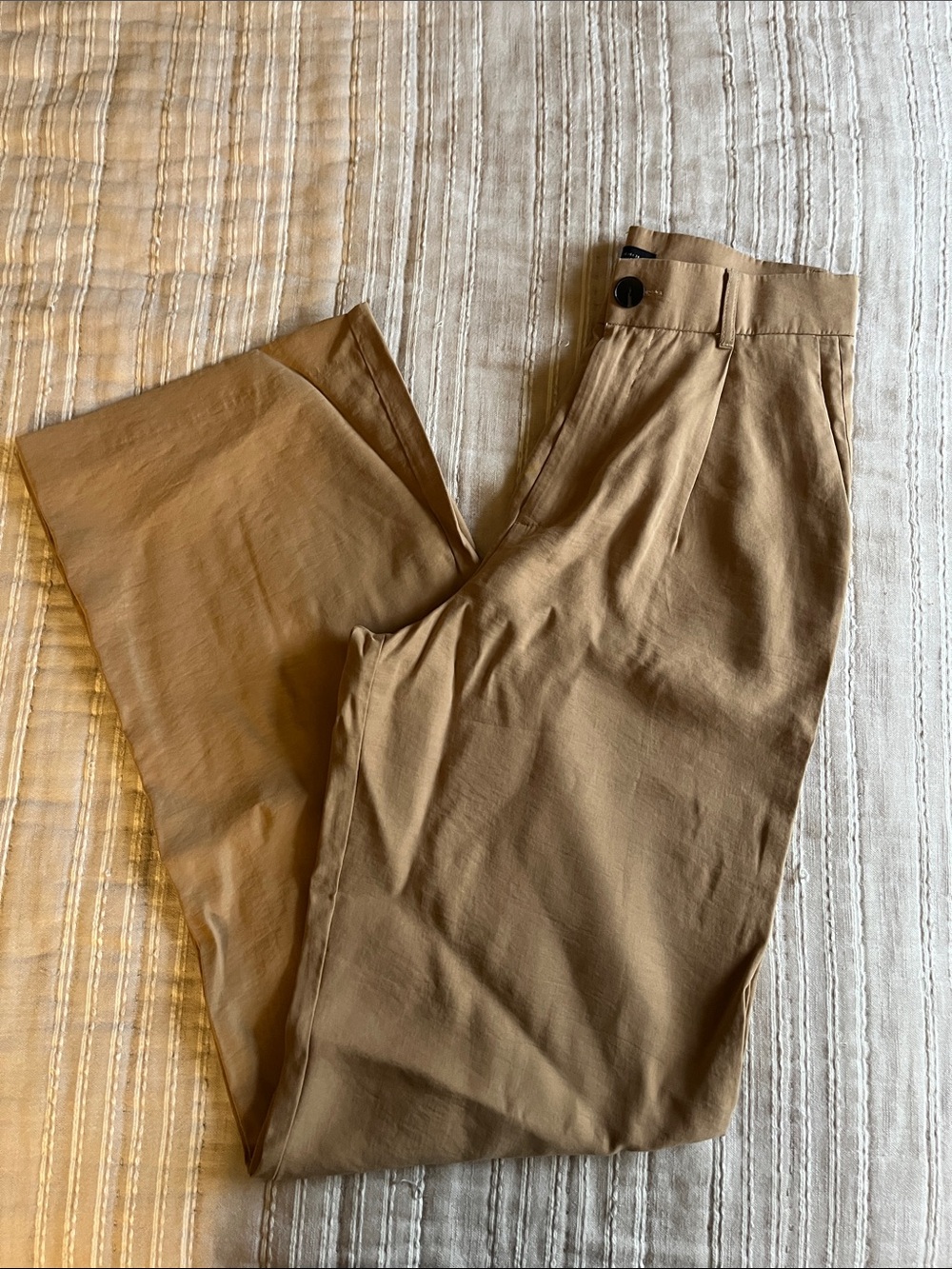 Zara High Waisted Wide Leg Full Length Trousers Tan Beige XS